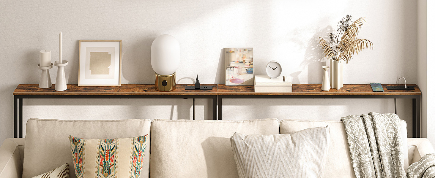 Суперузкий консольный столик с розеткой, Столик за диваном с зарядной станцией, Деревенский коричневый тонкий стол для прихожей для гостиной