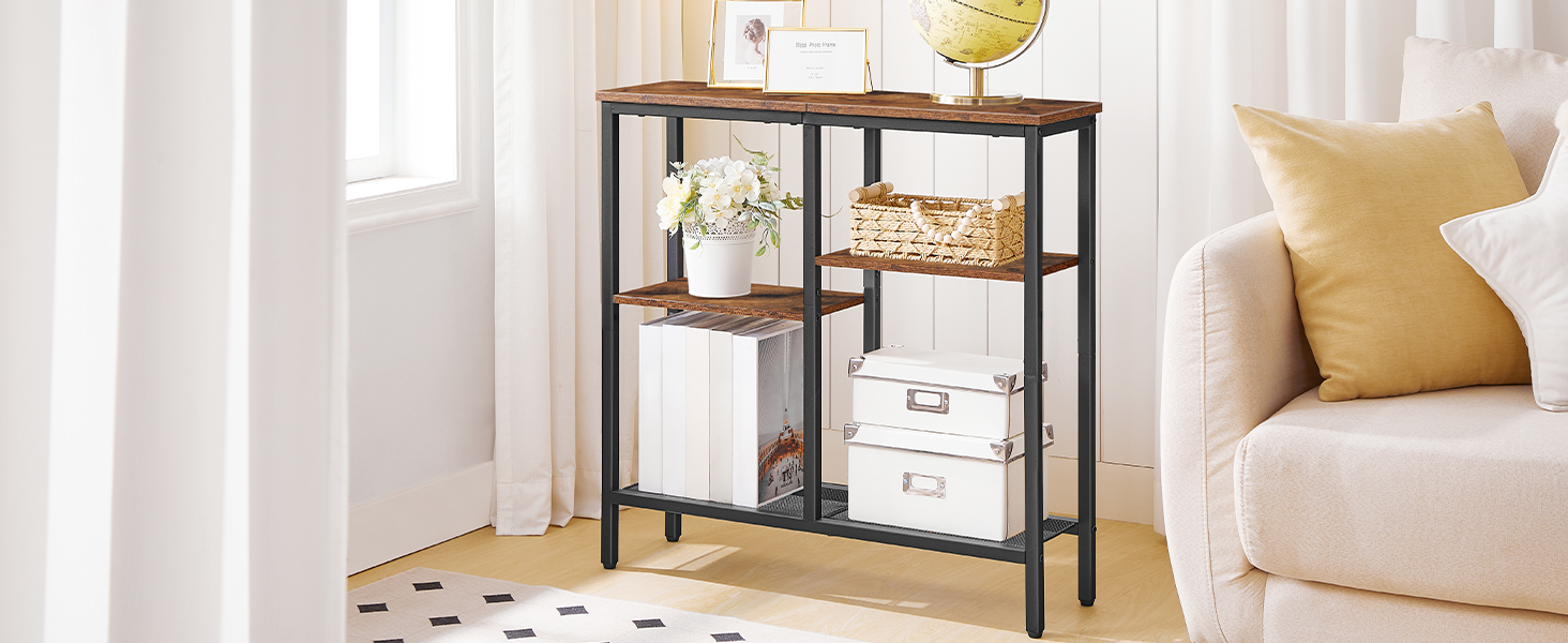 4-Tier Industrial Narrow Console Table, Metal Mesh Shelf Entryway Table with Adjustable Feet, Multi-Functional Sofa Side Table for Entryway, Living Room & Hallway, Rustic Brown & Black
