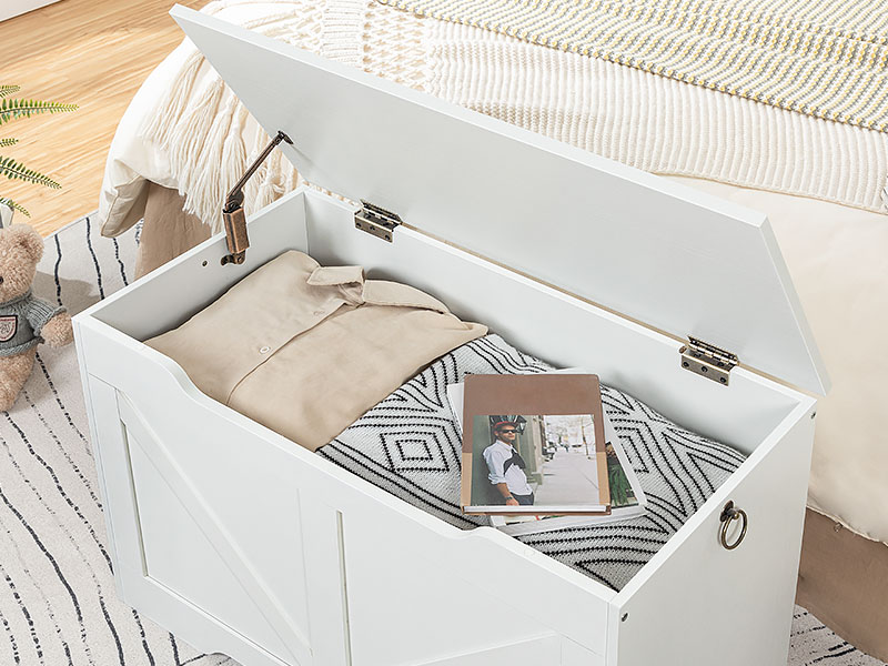 storage chest, retro toy box organizer with u-shaped cut-out pull, storage bench, safety hinge, sturdy toy chest, wooden, supports 220 lb, easy assembly, white