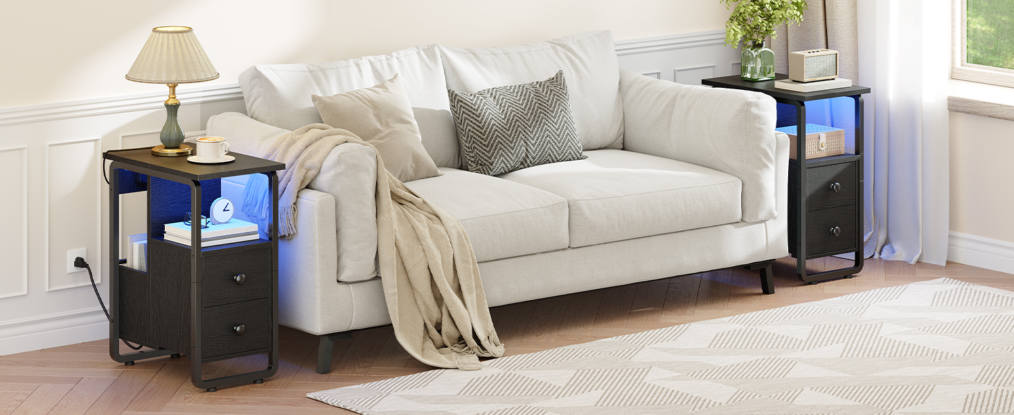 Narrow End Table with Charging Station and LED Lights, Black Slim Nightstand with 2 Fabric Drawers and Open Shelves, Suitable for Living Room and Bedroom