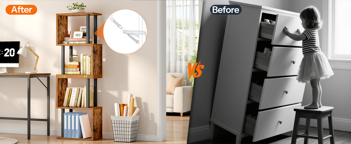 5 Geometrická knihovna ve tvaru písmene S, Dřevěný & Kovová multifunkční skládací knihovna, Moderní dekorativní stojan & Dělič pokojů, Vhodné do kanceláře a obývacího pokoje, Rustikální hnědá & Černá povrchová úprava