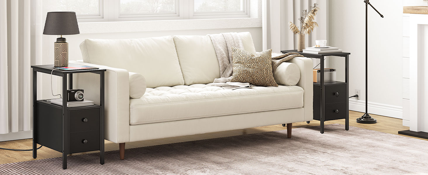 طاولة النهاية السوداء مع محطة الشحن, طاولة جانبية ضيقة مع 2 أدراج, منافذ USB ومنافذ الطاقة, Stable Nightstand for Small Spaces, مناسبة لغرفة المعيشة وغرفة النوم