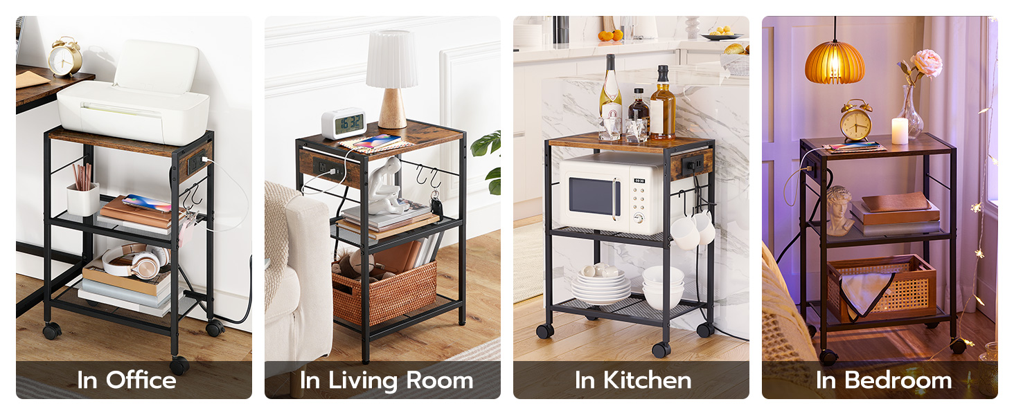 Stojan na průmyslovou tiskárnu HOOBRO, 3-Tabulka mobilní tiskárny úrovně, Rolling Cart s vývody napájení a porty USB, Domácí tiskárna 2 Háčky, pro kancelář, Obývací pokoj, Rustikální hnědá