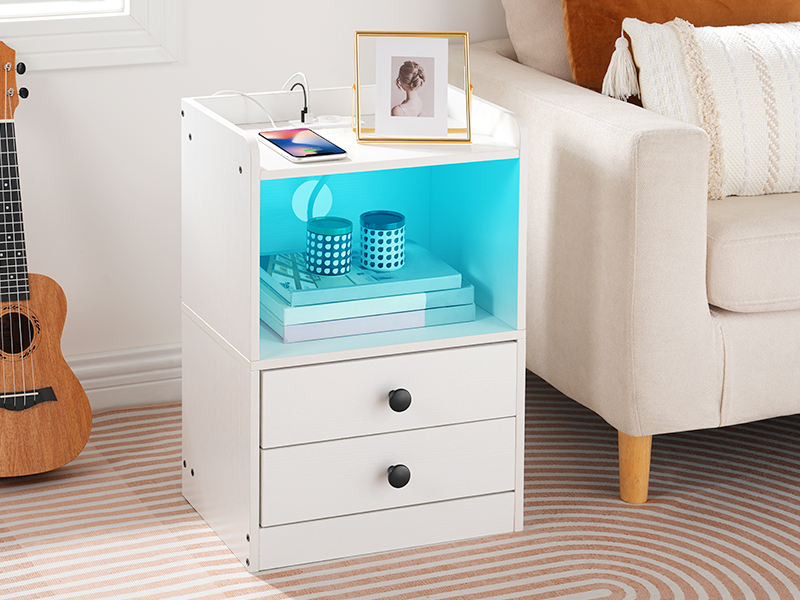 Modern LED Nightstand with Charging Function, White 2-Drawer Bedside Cabinet with USB Ports, Multifunctional End Table for Bedroom and Living Room