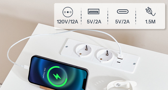 Sengbord med opladningsstation, Slim Side Table with 3 Ikke-vævede stofskuffer, Sofa Sidebord Udstyret med 2 Stikkontakter, 1 USB-A og 1 Type-C-port, Velegnet til stue og soveværelse, Hvid