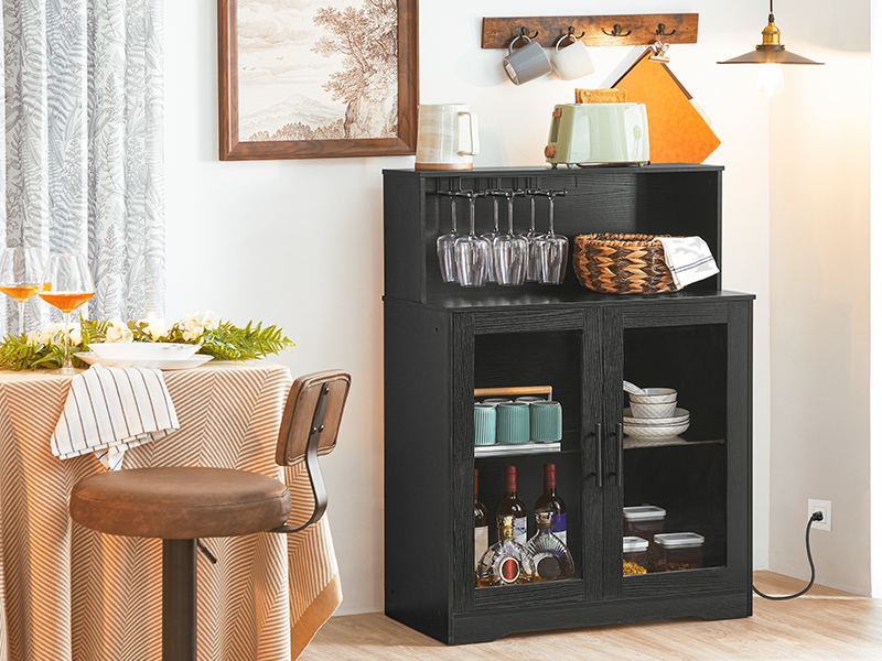 Wine Bar Cabinet with Storage, LED Liquor Cabinet with Power Outlets, Tempered Glass Door Coffee Bar Cabinet for Liquor and Glasses, Suitable for Bar, Dining Room, Kitchen, Black