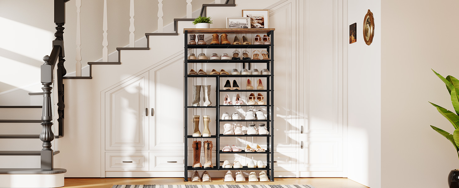 10-Tier Shoe Rack with Detachable Shelves, Large-Capacity Shoe Storage Organizer, Accommodates 27-30 Pairs of Shoes, Suitable for Entryway, Hallway, Dorm Room, Rustic Brown & Black