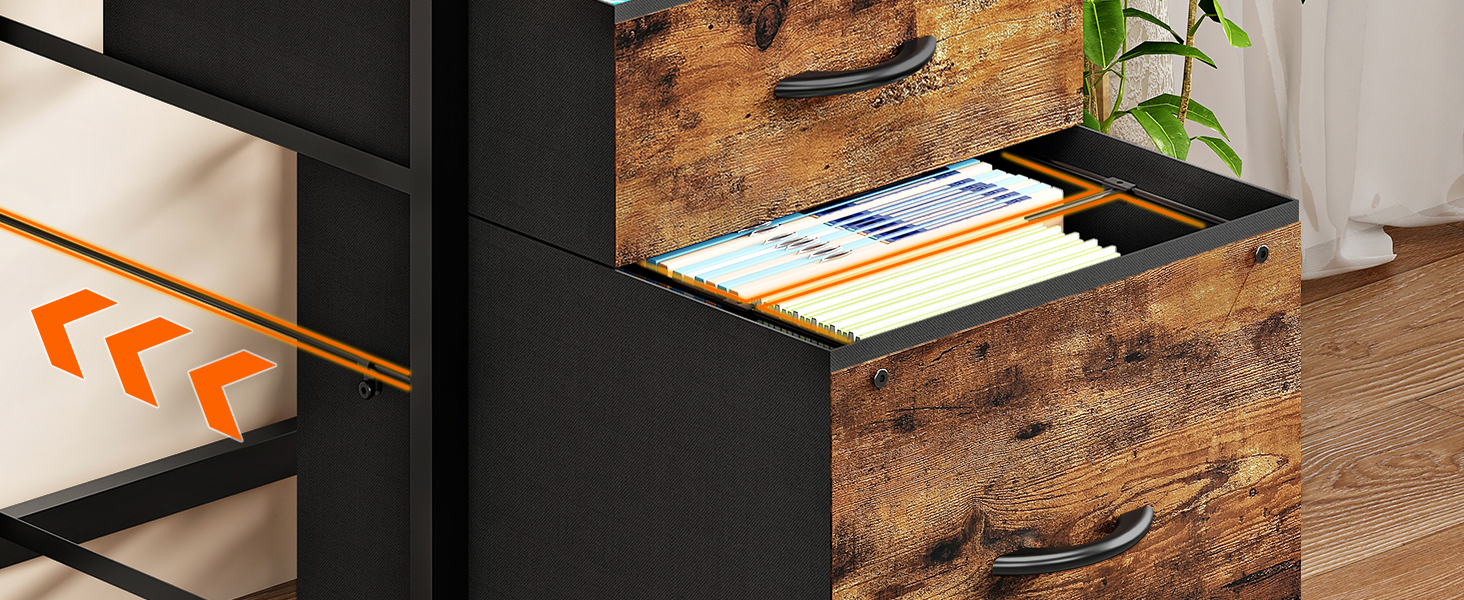 120cm Industrial Rustic Brown & Black Computer Desk with Fabric Drawers, Integrated Power Outlet & LED Lighting, Ergonomic Office Desk with Monitor Stand for Home Office, Study & Living Room