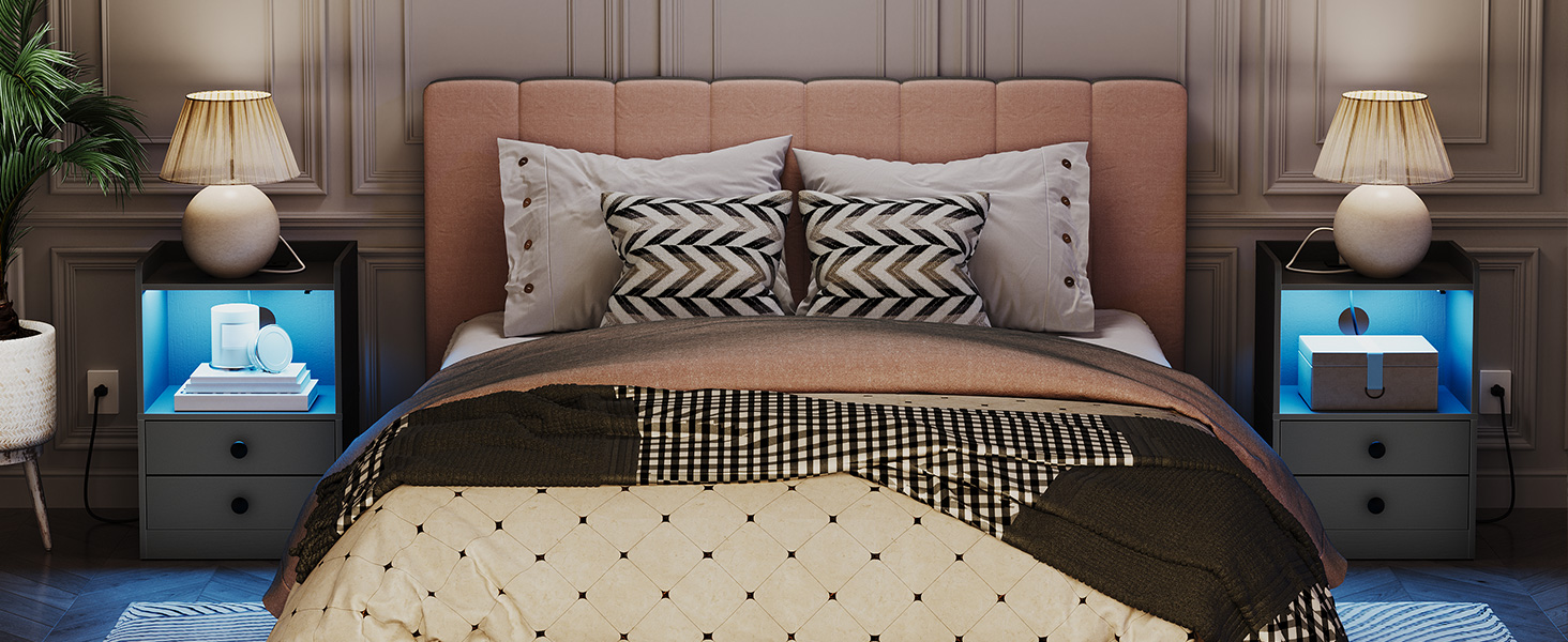 Bedside Table with LED Strip and Charging Station, 2-Drawer Storage Unit, Adjustable Light, Modern Style, Black, for Bedroom & Living Room