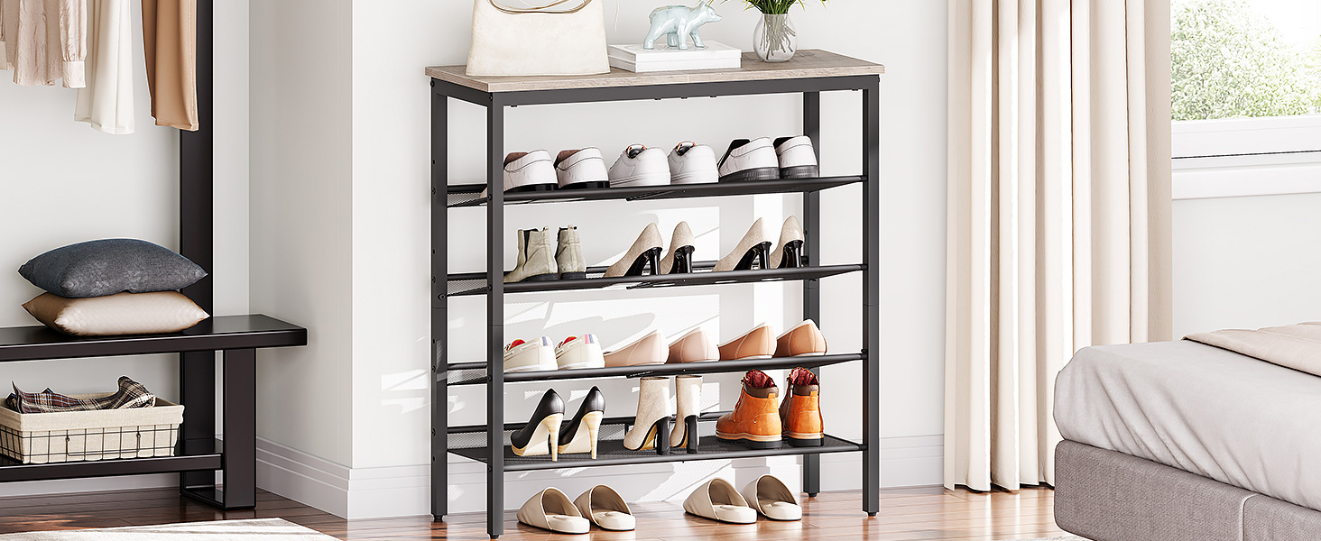 5-رف أحذية قائم بذاته, وحدة تخزين الأحذية بأرفف شبكية قابلة للتعديل, القدرة على 16-20 أزواج من الأحذية, معدن على الطراز الصناعي & منظم الأحذية الحبيبي, مناسبة للمدخل & خزانة, رمادي