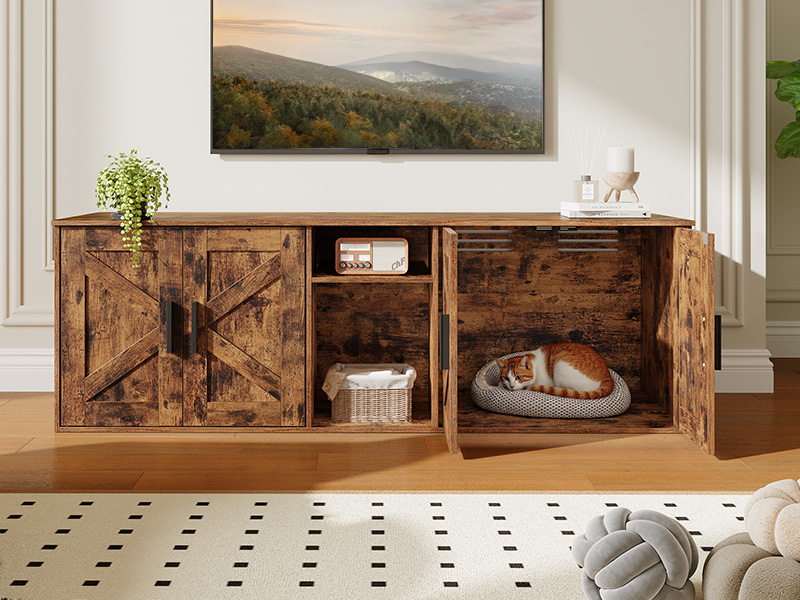 Dubbele kattenbakbehuizing, Verborgen kattenbakkast met gang, Multifunctioneel kattenbakmeubel met opberglaag en haken, Houten structuur, Rustiek bruin