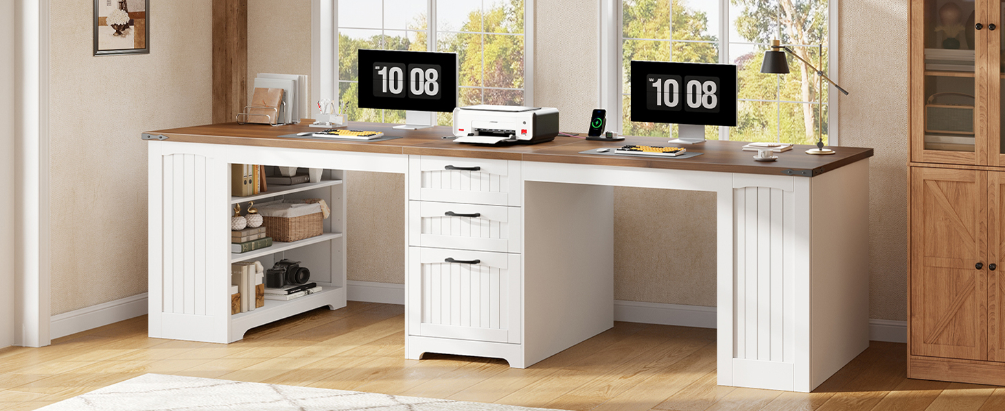 94.5-Inch Double Workstation Desk with Power Module, Farmhouse Style 2-Person Office Desk with Drawers, A4/Letter Size Compatible, Adjustable Shelves, White & Walnut Finish