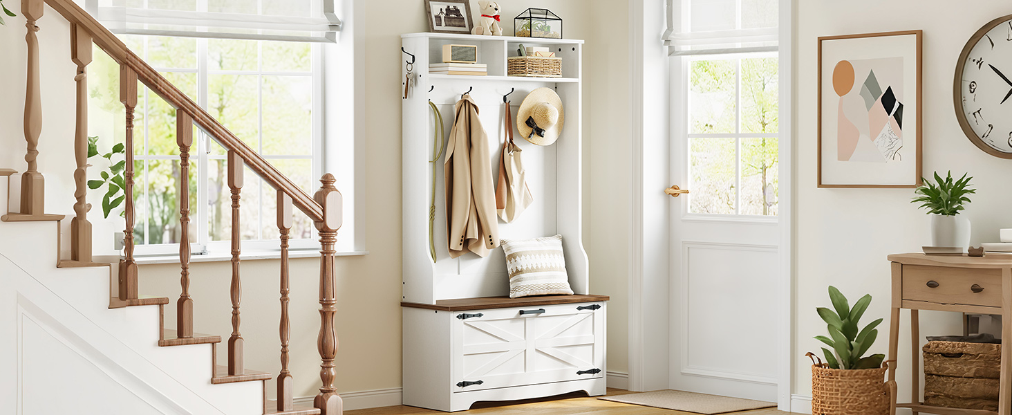 Hall Tree with Bench, Entryway Storage Combination with Coat Rack and Shoe Cabinet, Flip Drawers, Farmhouse-Style Entryway Organizer with Shoe Storage, Suitable for Mud Room, White and Walnut