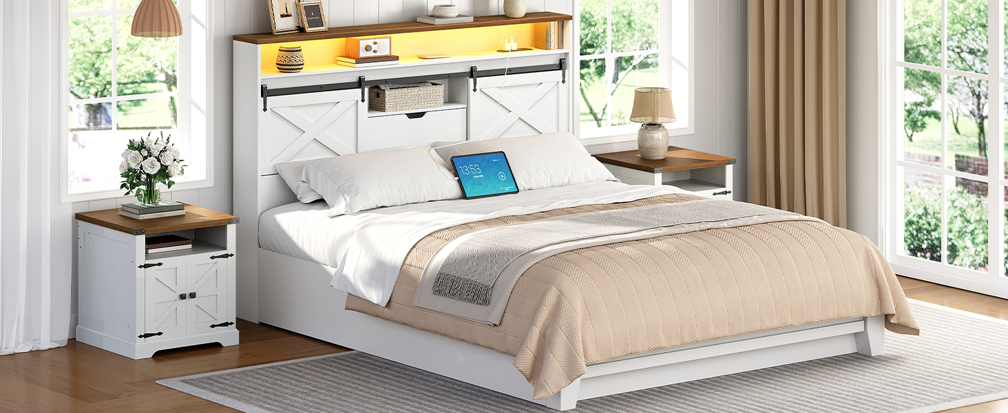 Queen-Size Farmhouse Headboard with Storage, Integrated Charging Station & LED Lighting, Bookcase Design with Flip-Down Drawer & Sliding Barn Doors, White & Walnut Finish