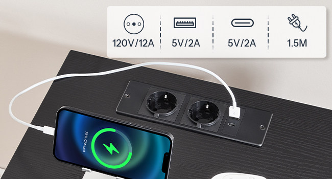 Black Bedside Table with Integrated Charging Station, Slim Side Table with 3 Szuflady z włókniny, 2 Gniazda, 1 USB-A & 1 Type-C Port for Living Room and Bedroom