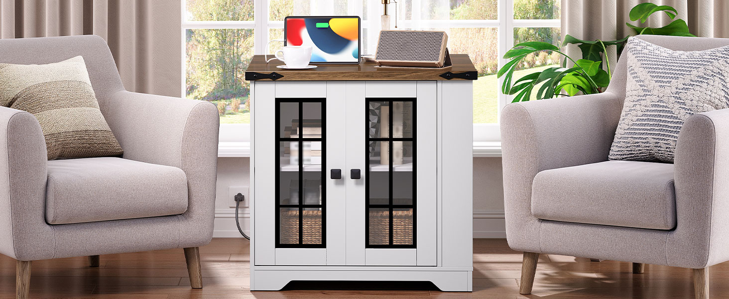 Maalaistalon päätypöytä latausasemalla, Suuri sohva sivupöytä sivuhyllyillä, Neliö yöpöytä lasi -ovella, Suuri yö seisoo olohuoneeseen, Valkoinen ja pähkinä