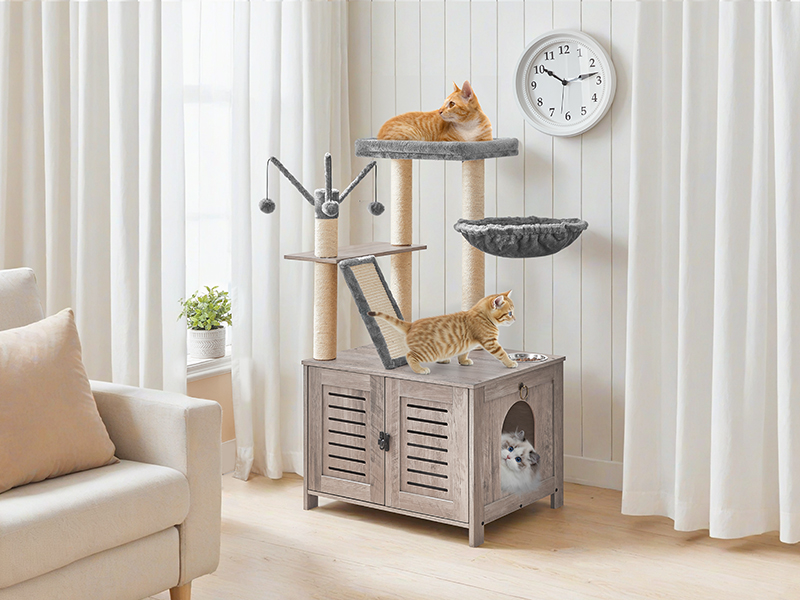 Wooden Cat Tree with Litter Box Enclosure, Tall Cat Tower with Scratching Posts, Hammock & Hidden Litter Box Furniture, All-in-One Indoor Cat Condo, Grey