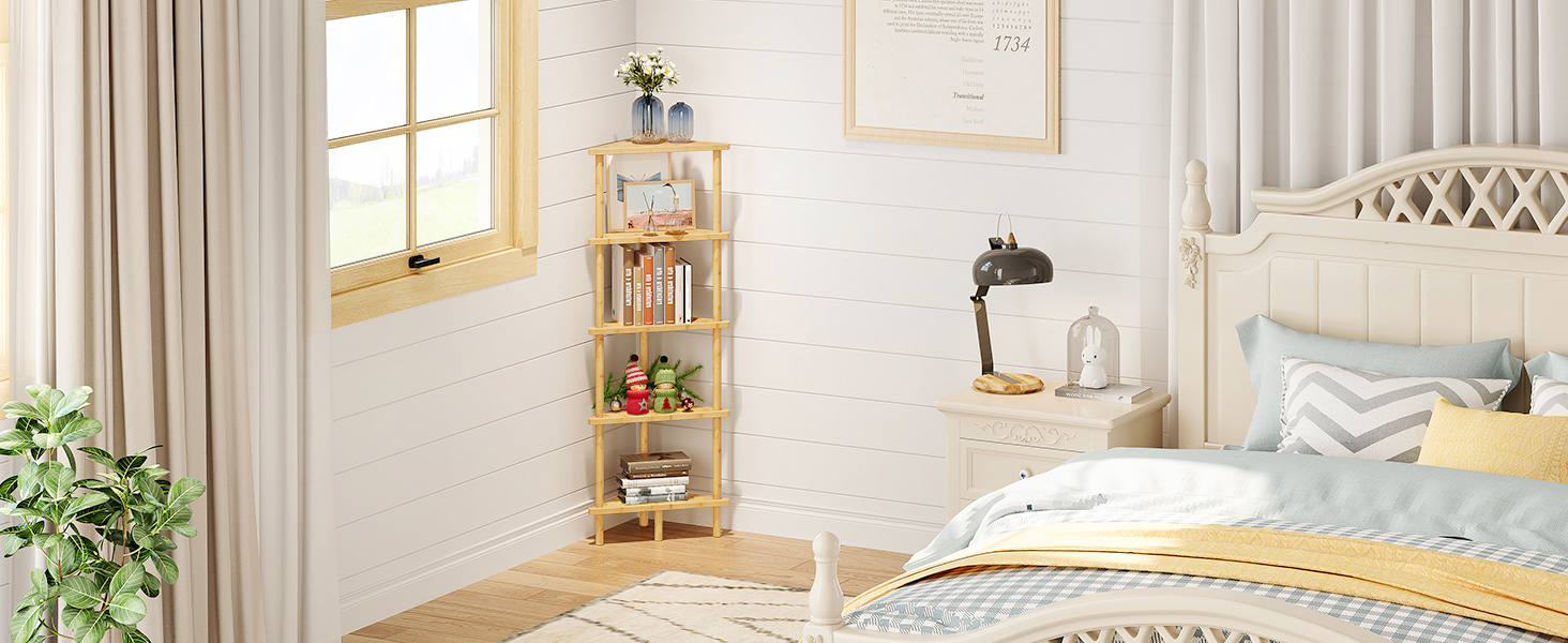 HOOBRO Corner Shelf Stand, 5-Tier Bamboo Corner Bookshelf, Plant Display Shelf, Corner Bookcase, Multipurpose Shelving Unit for Small Space, Living Room, Easy Assembly, Natural