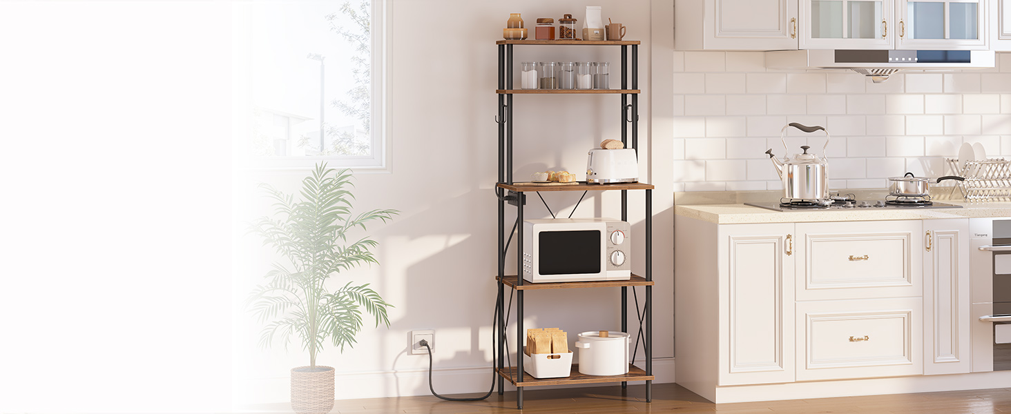 5-Tier Kitchen Baker's Rack with Power Outlets, Microwave Stand & S-Shaped Hooks, Multi-Functional Storage Rack for Coffee Bar, Living Room & Dining Room, Rustic Brown & Black