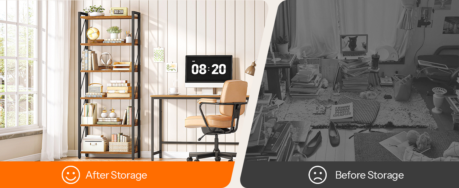 6-Tier Industrial Bookshelf, Metal-Frame Bookcase Storage Organizer, Tall Display Shelf for Living Room, Bedroom, Home Office and Kitchen, Rustic Brown & Black