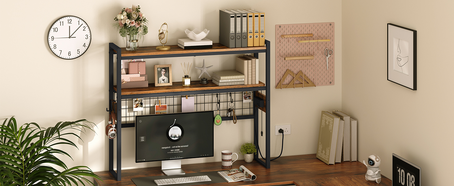 Desktop Bookcase, 2-Tier Desktop Organizer, Wooden Office Storage Rack with Power Outlets, Display Shelf with LED Light Strip, Desk Hutch for Office Use, Rustic Brown