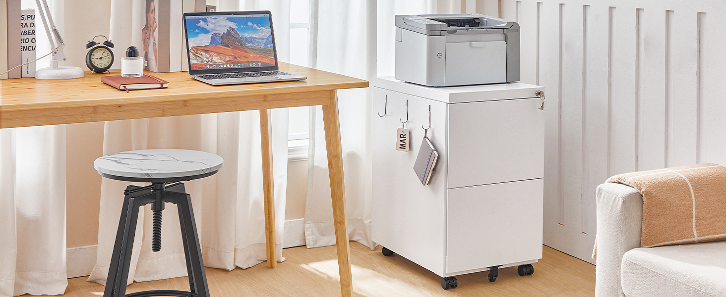 Mobile Lockable Filing Cabinet with 2 Drawers, 5-Wheel Desk Base Storage Unit, Compatible with A4, Legal and Letter Files, White