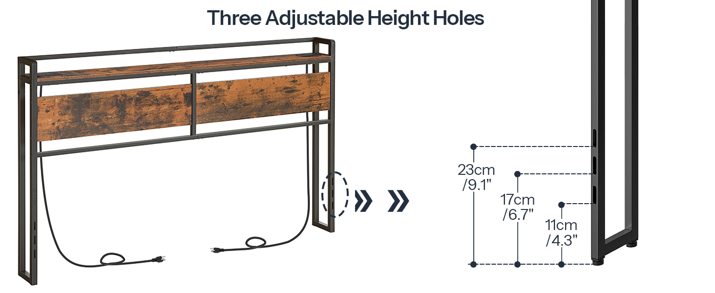 King Size Headboard with Power Outlets & منافذ يو اس بي, Height-Adjustable Design with Storage Rack, Sturdy Rustic Brown & Black Headboard, تجميع سهل