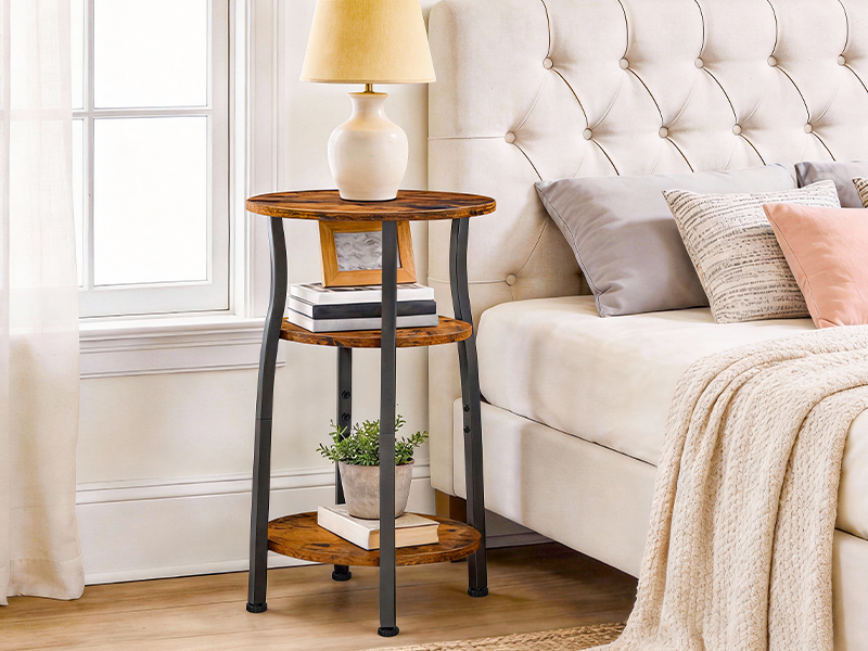 3-Table d'appoint étroite ovale avec rangement Tier, Chevet mince & Table de canapé d'angle, Convient aux petits espaces, Brun rustique & Noir