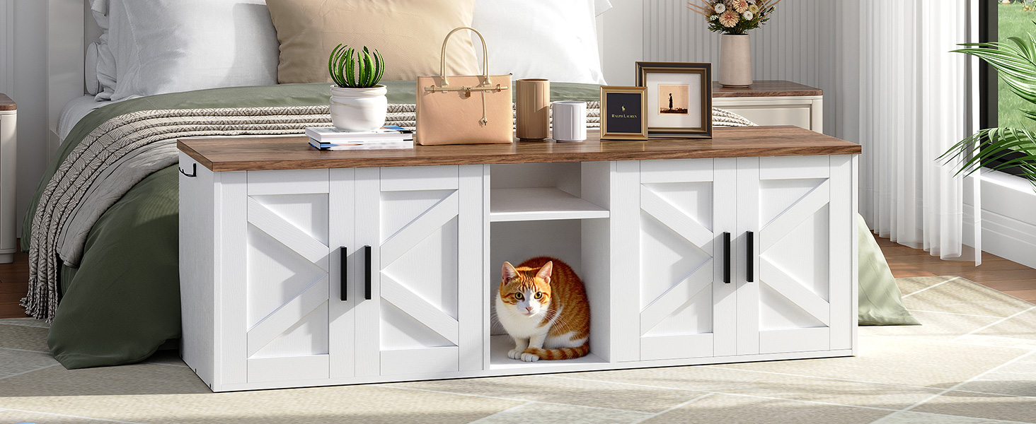 Dubbele kattenbakbehuizing, Verborgen opbergkast met gangontwerp, Houten huisdiermeubilair met bovenste opberglaag & Zijhaken, Wit & Walnoot afwerking