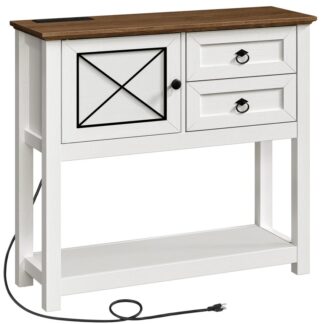 Πίνακας κονσόλας αγροικίας με 2 Συρτάρια και υπουργικό συμβούλιο, Καναπέ τραπέζι με σταθμό φόρτισης, Ρουστίκ πίνακας εισόδου με αποθήκευση, για την είσοδο, Διάδρομος, Καθιστικό, Καναπές, Λευκός και