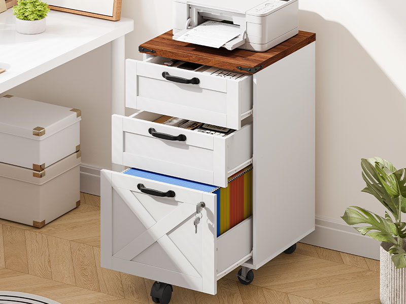 HOOBRO 3 Drawer File Cabinet with Lock, Mobile Farmhouse Filing Cabinet for A4/Letter Size, Under Desk Rolling Office Cabinet, Printer Stand with Storage for Home Office, Valkoinen ja pähkinä