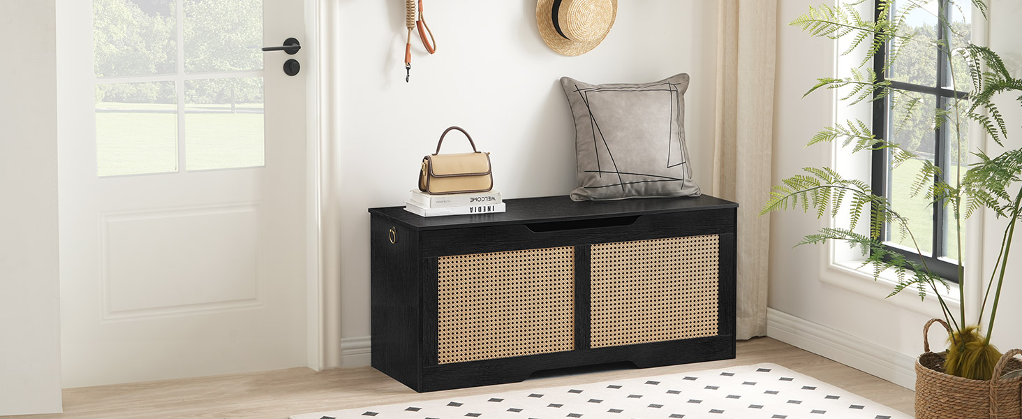 Banc de rangement HOOBRO, 43.3" Toy Box, Coffre de rangement en rotin, Supports de banc d