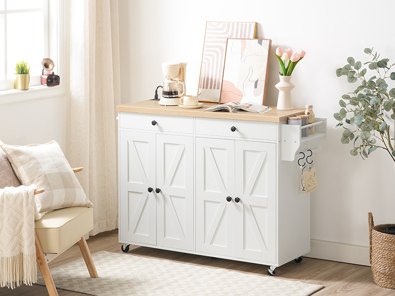 43.3-Inch Rolling Kitchen Island with Power Outlet, Mobile Storage Cart with Spice Rack & Hooks, Multi-Functional for Dining & Living Room, White & Natural Finish