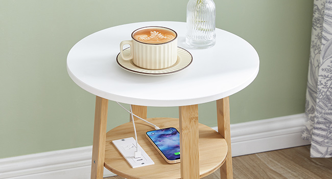 Sraith de 2 Táblaí ar thaobh na mbabhta le stáisiún muirir, Tábla deiridh blas cruinn le cosa bambú don seomra suí, Seomra leapa, Bán agus nádúrtha