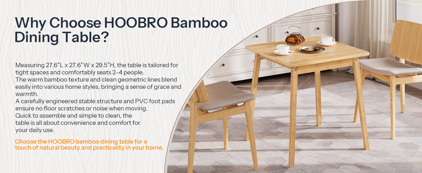 HOOBRO Bamboo Dining Table, Square Dining Table for 2, 27.6" Kitchen Table for Small Space, Writing Table, Easy to Assemble, for Dining Room, Living Room, Office, Kitchen, Natural