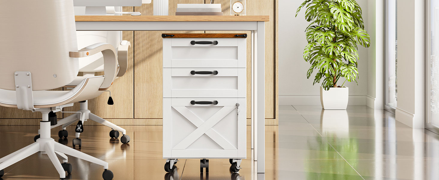 HOOBRO 3 Drawer File Cabinet with Lock, Mobile Farmhouse Filing Cabinet for A4/Letter Size, Under Desk Rolling Office Cabinet, Printer Stand with Storage for Home Office, Valkoinen ja pähkinä