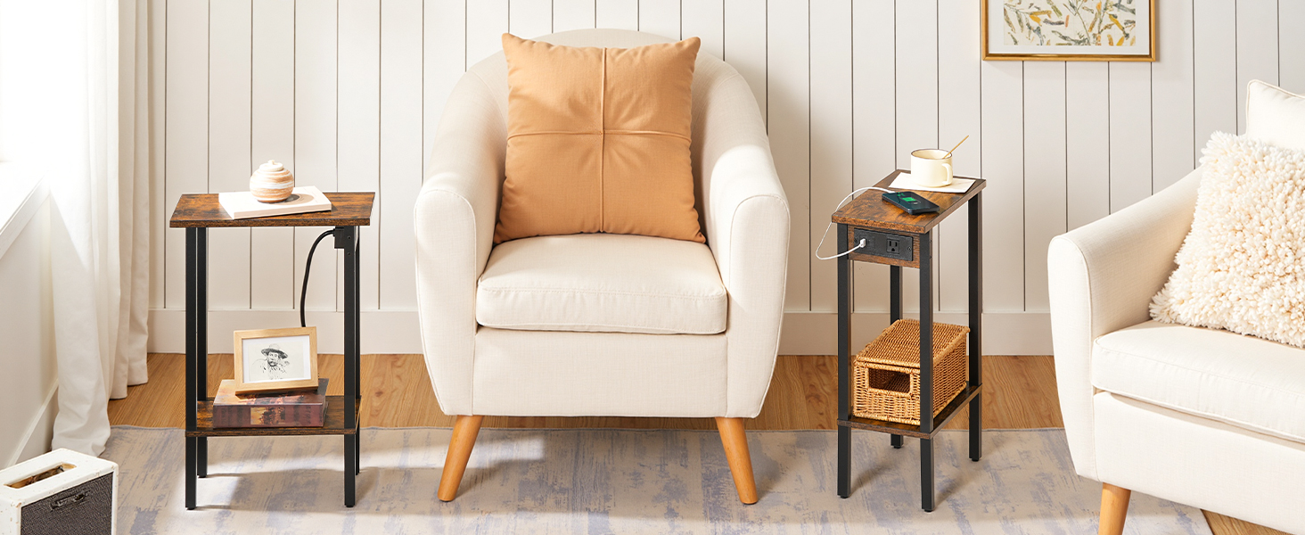 HOOBRO Narrow Side Table, 2-Tier Slim End Table with Charging Station, Skinny Nightstand with Open Storage, for Small Spaces, Living Room, Bedroom, Study, Rustic Brown and Black