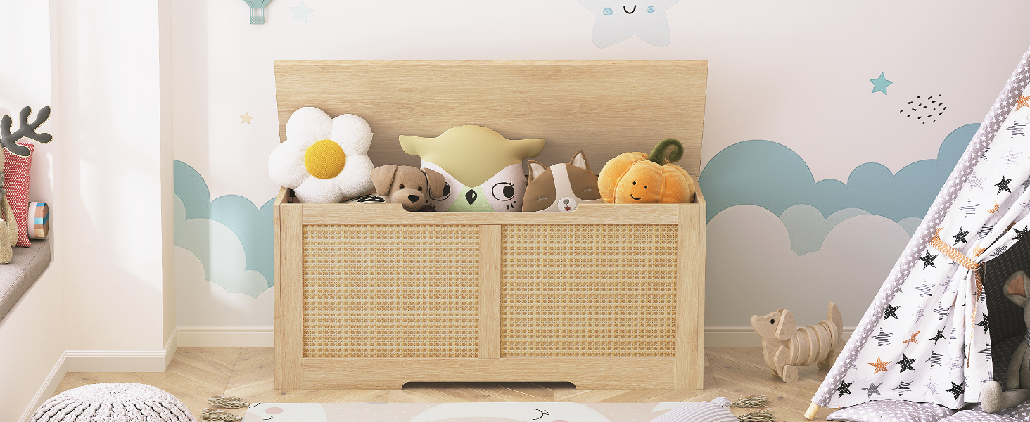 Banc de rangement HOOBRO, 43.3" Toy Box, Coffre de rangement en rotin, Supports de banc d