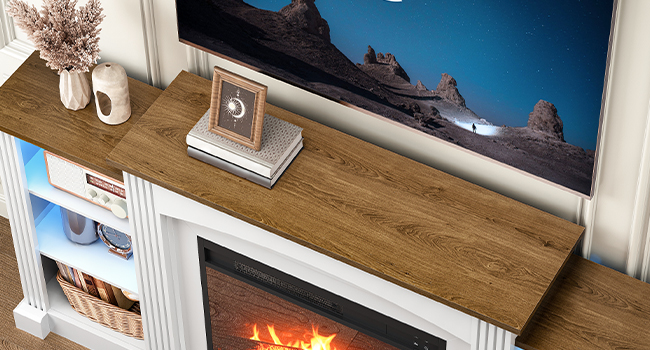 HOOBRO Electric Fireplace with Mantel, Fireplace TV Stand with Led Light, 74" Farmhouse Entertainment Center with Storage, Realistic Stacked Stone Surround and 3D Flame for Living Room, Bedroom