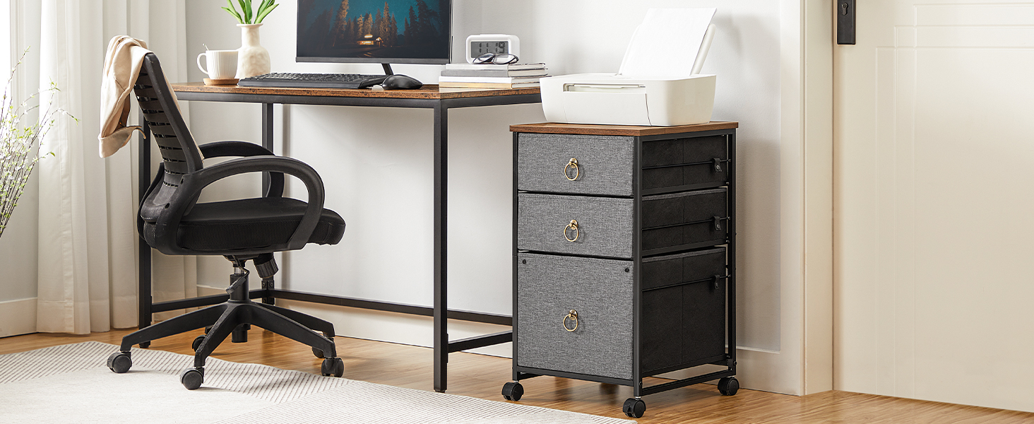 3-Zásuvková mobilní kartotéka, Rolovací stojan na tiskárnu, Vertikální kartotéka, Kancelářský kabinet, Registrační skříň pro domácí kancelář, A4/velikost dopisu, Zásuvka na netkané textilie, Šedá a rustikální hnědá