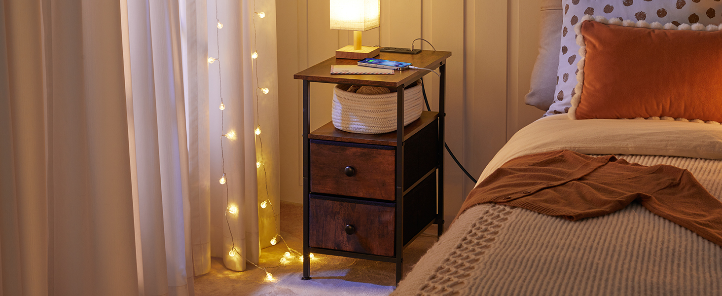 Narrow Bedside Table with Charging Station, Equipped with 2 Non-Woven Drawers, Slim Side Table with USB Ports and Power Outlets, Space-Saving Design for Small Areas, Rustic Brown and Black