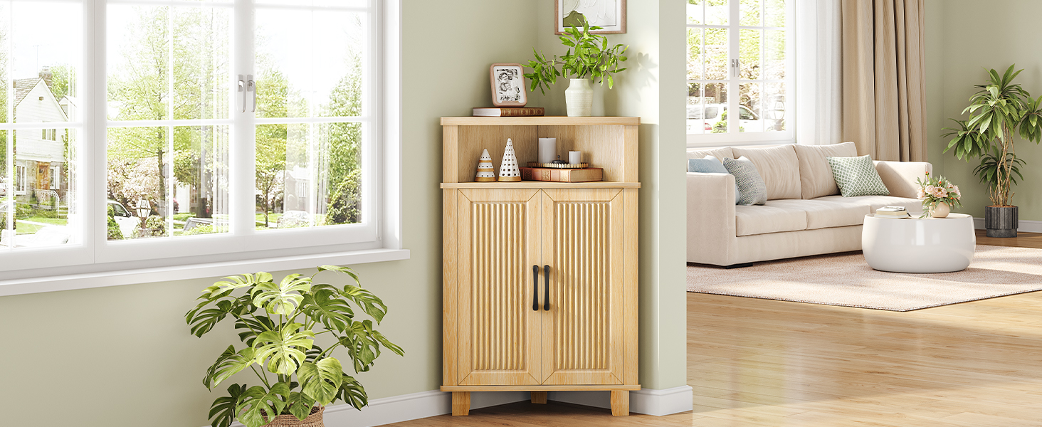 Natural Wooden Fluted Corner Storage Cabinet, Modern Multifunctional Corner Cabinet with Door, Suitable for Bathroom, Kitchen, Entryway and Living Room