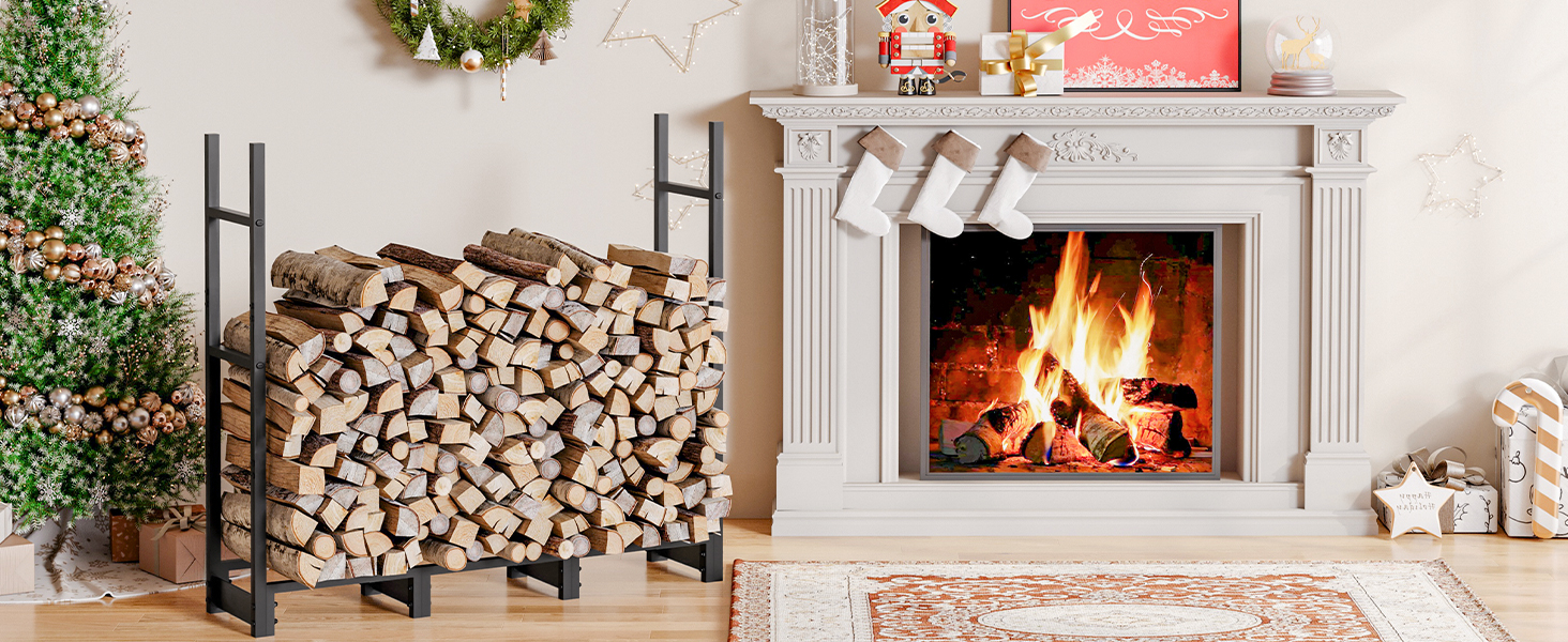 Svart 4ft ved Rack med deksel, Utendørs vedloggstativ, Justerbar loggholder med vanntett deksel, Peis tre lagring, Kraftig treholder, for innendørs og utendørs