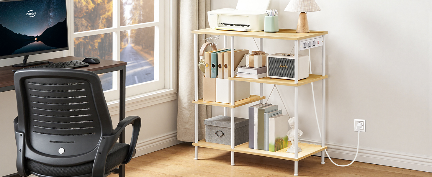 Kitchen Standing Shelf with Sockets, Baker's Rack with 5 S-Hooks, Microwave Storage Shelf with Worktop, Multifunctional Storage Unit for Kitchen and Living Room