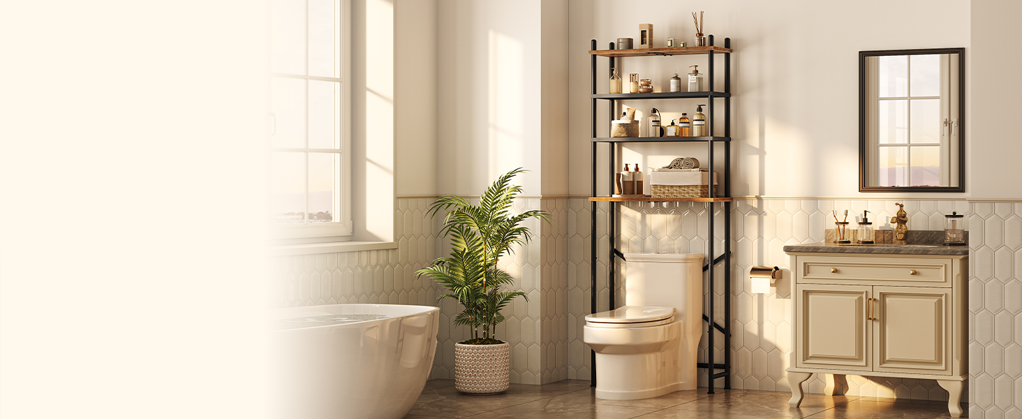 4-Tier Freestanding Over-The-Toilet Storage Organizer, Space-Saving Above-Toilet Shelf with Adjustable Feet, Easy Assembly, Rustic Brown and Black