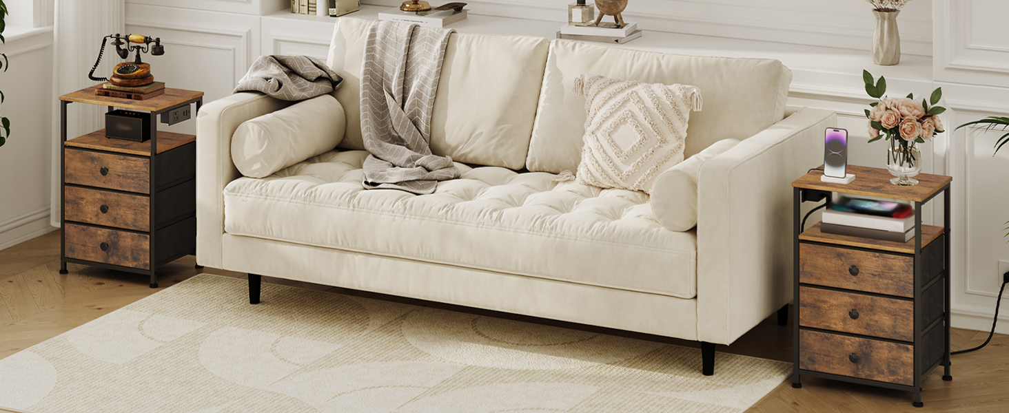 Bedside Table with Charging Station, Rustic Brown and Black End Table Featuring 3 Fabric Drawers, Sofa Side Table Equipped with USB Ports and Power Socket, Multifunctional Nightstand for Bedroom and Living Room