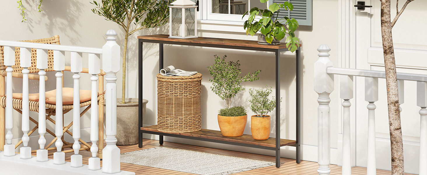 Industrial Narrow Console Table, 120cm Rustic Brown & Black Entryway Sofa Table with Storage Shelf, Metal Frame Accent Table for Living Room, Flur, Foyer & Büro