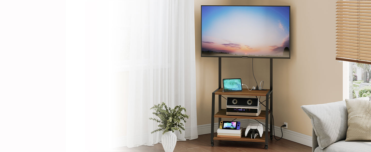 Rolling TV Stand with Mount and Power Outlet, Compatible with Up to 55-Inch TVs, Black and Walnut Corner Entertainment Center with 3-Tier Storage Shelves, Suitable for Living Room and Bedroom