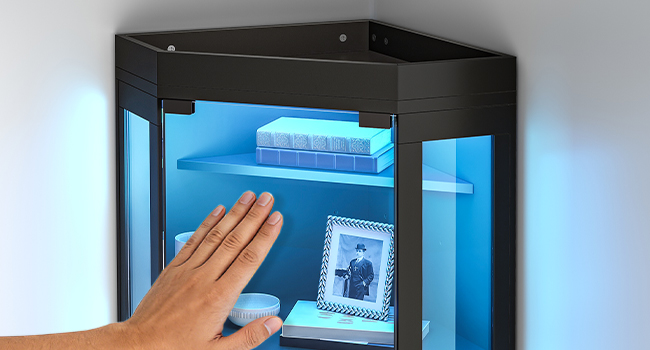 Corner Display Cabinet with Glass Doors, 3-Color LED Light Storage Cabinet with Adjustable Shelves, Multi-Functional Bookcase for Living Room, Hallway, Bedroom, Black