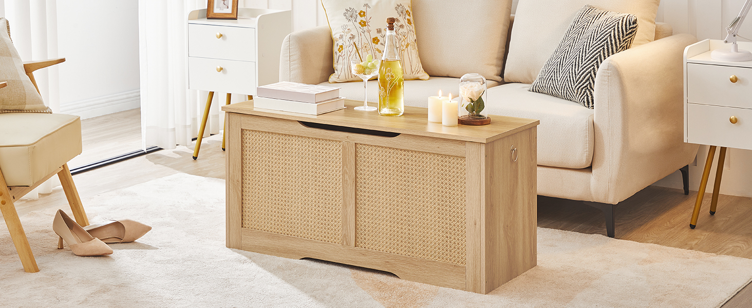 storage chest, 39.3" storage bench, rattan-like storage trunk, sturdy entryway bench supports 220 lb, shoe bench, safety hinge, u-shaped opening, easy assembly, natural